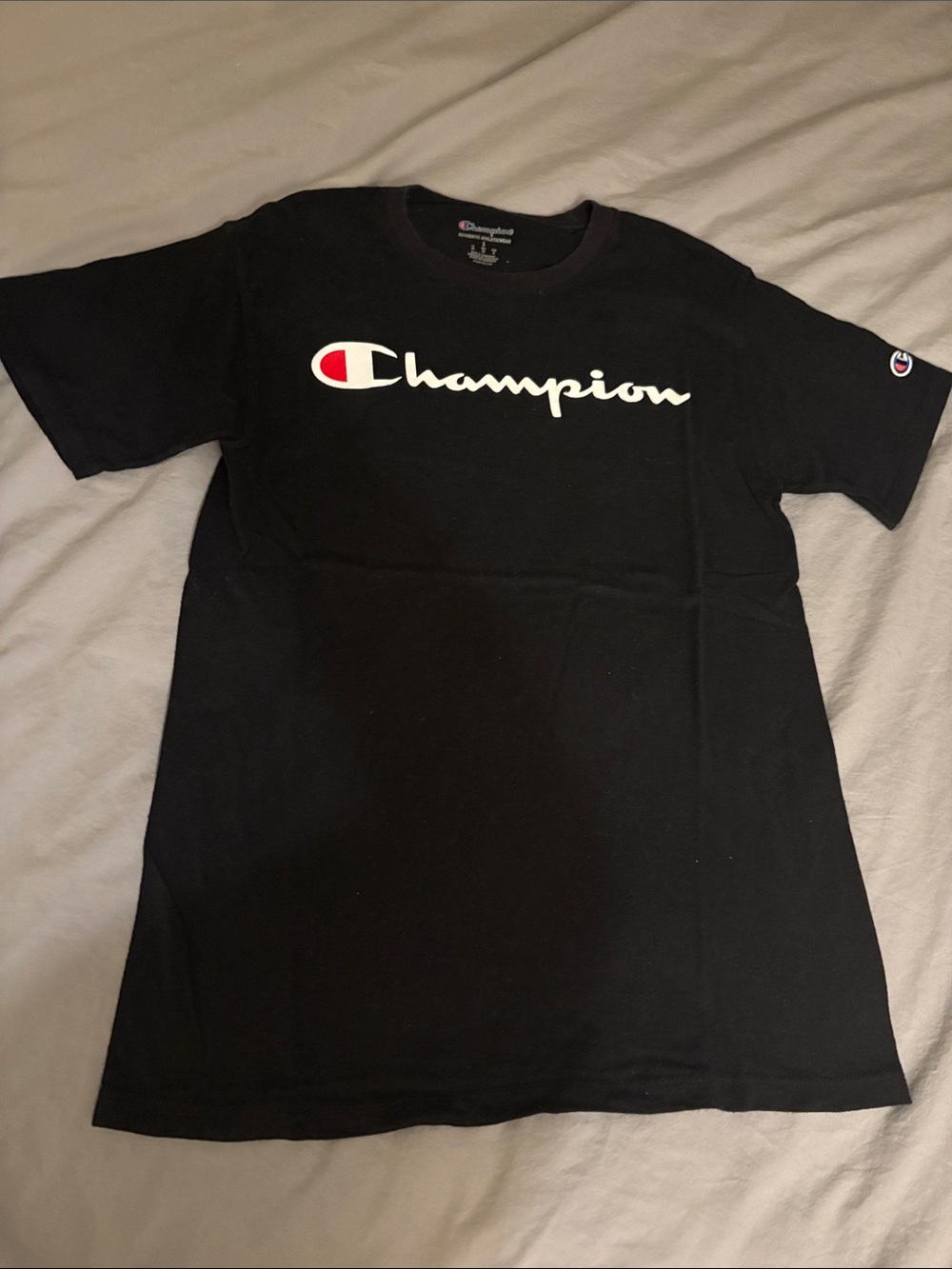 Champion Black Tee with White Script and Red Emblemworn once